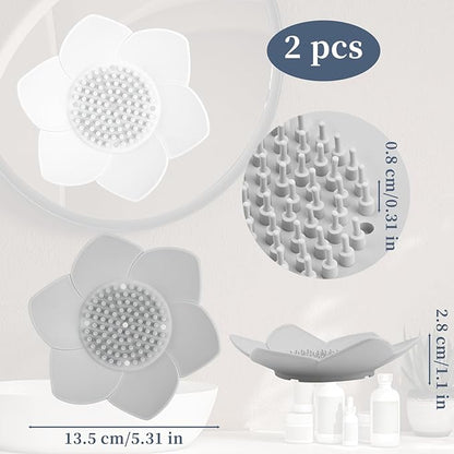 2 Pack Lotus Shower Steamer Trays, Silicone Soap Holder with Self Draining - Elegant White & Gray Lotus Flower Shape Soap Dish, Perfect for Bathroom Counter, Kitchen Sink, Shower Organizer