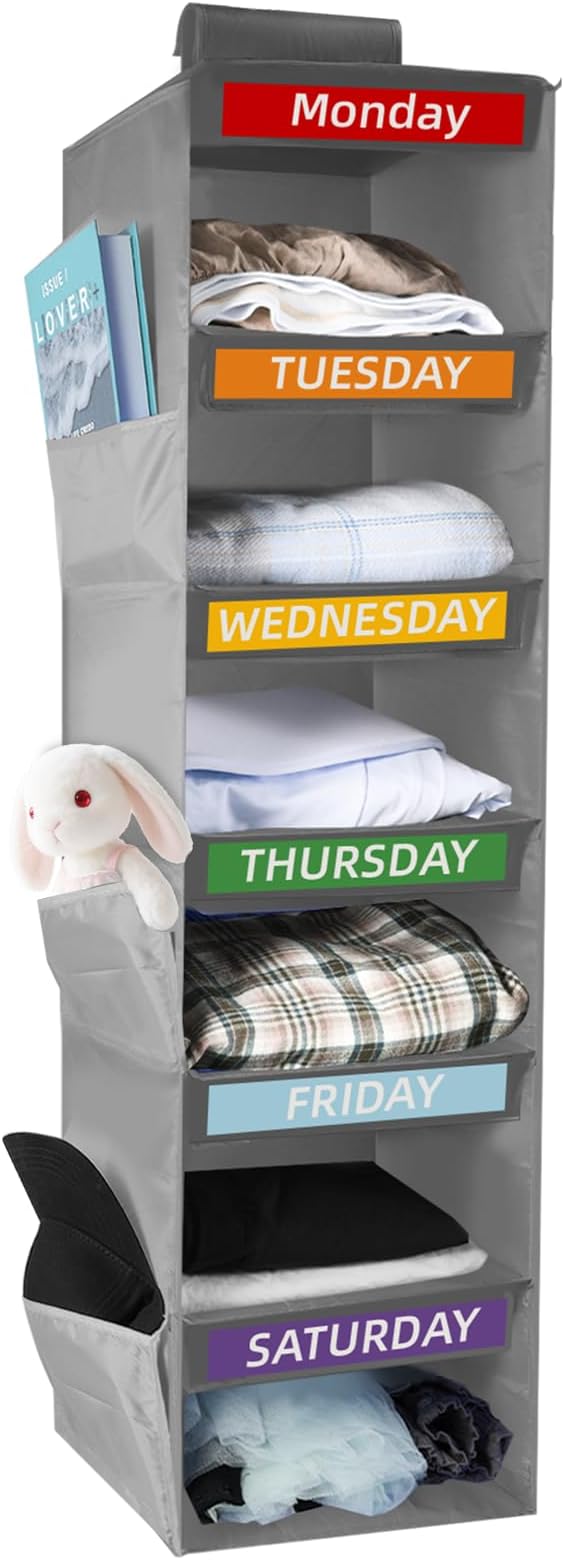 6-Shelf Weekly Clothes Organizer for Kids, Hanging Closet Organizer for Kids & Adults, Collapsible Hanging Closet Shelves, Monday-Saturday Days of The Week Clothes Shelves with 6 Side Pockets (Grey)