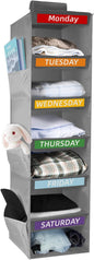 6-Shelf Weekly Clothes Organizer for Kids, Hanging Closet Organizer for Kids & Adults, Collapsible Hanging Closet Shelves, Monday-Saturday Days of The Week Clothes Shelves with 6 Side Pockets (Grey)