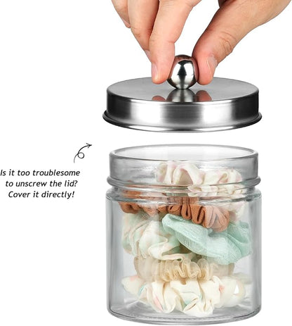SheeChung Bathroom Organizers and Storage - 4Pack Qtip Holders Bathroom Canister Apothecary Jars for Cotton Swabs, Rounds, Balls, Qtips,Makeup Sponges, Flossers,Bath Salts - Brushed Nickel