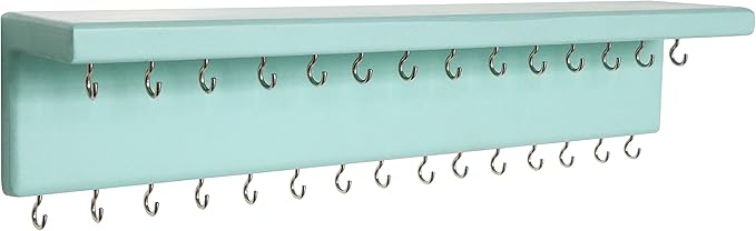 SANY DAYO HOME Jewelry Organizer with 30 Hooks and Cosmetics Shelf, 15 x 3 x 4 inches Wall Mounted Rustic Pine Wood Holder for Necklaces and Bracelets, Suitable for Kids and Adults (Aqua)