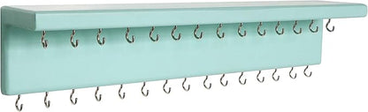 SANY DAYO HOME Jewelry Organizer with 30 Hooks and Cosmetics Shelf, 15 x 3 x 4 inches Wall Mounted Rustic Pine Wood Holder for Necklaces and Bracelets, Suitable for Kids and Adults (Aqua)