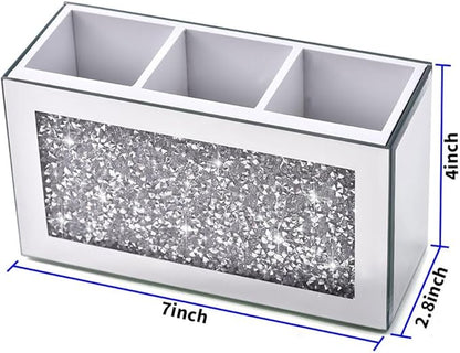 Mirrored Makeup Brush Holder Organizer, 3 Compartments Cosmetic Brush Storage Holders, Crushed Diamond Remote control holder, Pen and Pencil Holder for Desk, Eyeliners Display Case for Vanity