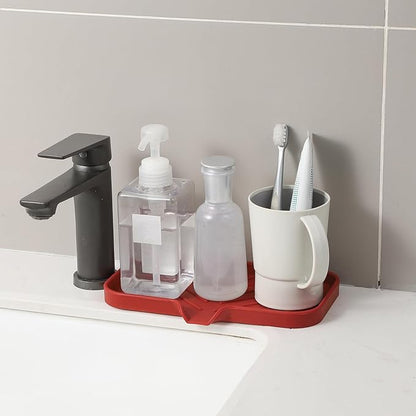 MicoYang Silicone Bathroom Soap Dishes with Drain Spout-Bathroom and Kitchen Sink Organizer,Sponge Holder,Dish Soap Tray,Perfect for Dispenser,Scrubber,Bottle,Cup on Sink or Counter-Red 9.6"×5.3"