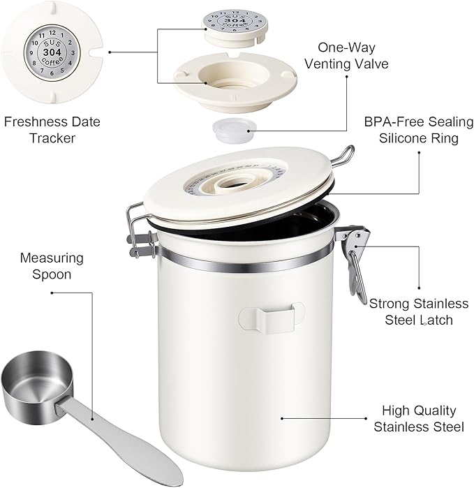 Kirecoo Stainless Steel Coffee Canister - 22OZ Airtight Coffee Bean Storage Grounds Container Holder with Date Tracker & Measuring Scoop, Kitchen Food Canister Jar for Cereal, Sugar, Tea, Flour, Gifts