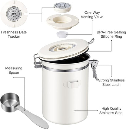 Kirecoo Stainless Steel Coffee Canister - 22OZ Airtight Coffee Bean Storage Grounds Container Holder with Date Tracker & Measuring Scoop, Kitchen Food Canister Jar for Cereal, Sugar, Tea, Flour, Gifts