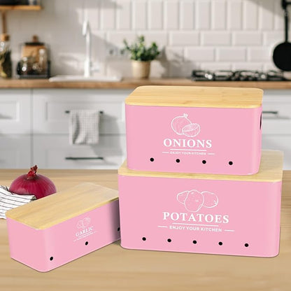 Kitchen Vegetable Storage Set of 3, Metal Onion Garlic Potato Storage Set, Kitchen Canisters Vegetable Keeper Containers with Aerating Holes and Wooden Lid (Pink)