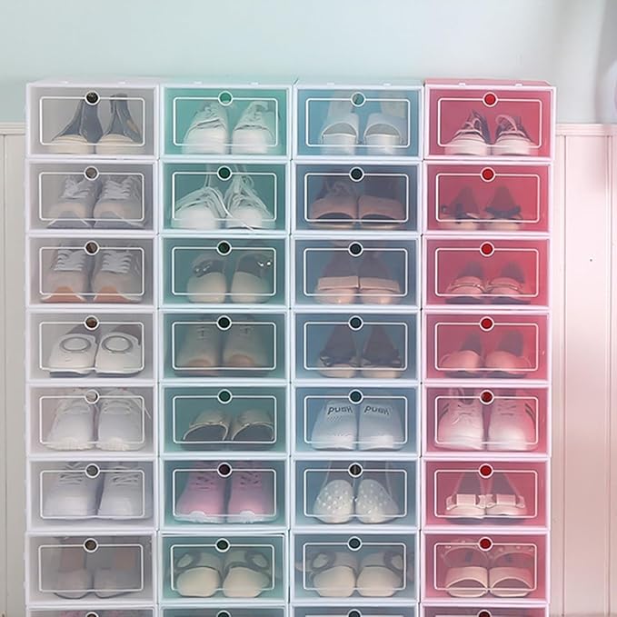 6PCS Stackable Transparent Plastic Shoe Boxes with Thickened Design Small S Pink Shoe Storage Containers for Sneakers Closet Organizer