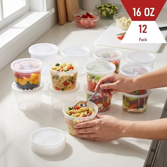 Mr Miracle Deli Containers with Lids - 24 Pack of 16 oz Clear Airtight Reusable Plastic Food and Multi-Purpose Containers - Microwave, Freezer, and Dishwasher Safe
