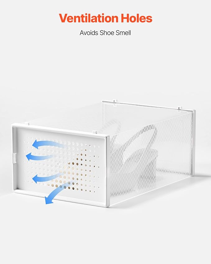 VEVOR Shoe Storage Boxes, 12 Pack Stackable Shoe Boxes Storage Organizers, Fit up to US Size 11, Plastic Modular Space Saving Sneaker Containers for Storing High Heels, Boots, and Hats, White Frame