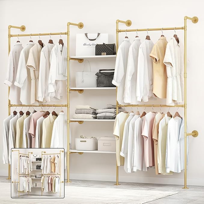 Industrial Pipe Clothing Rack, Heavy Duty Adjustable Garment Hanger with Shelves, 2 Installation Methods Closet Storage System for Wardrobe Organization (Gold, 80" H x 86" W)