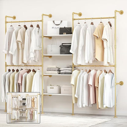 Industrial Pipe Clothing Rack, Heavy Duty Adjustable Garment Hanger with Shelves, 2 Installation Methods Closet Storage System for Wardrobe Organization (Gold, 80" H x 86" W)
