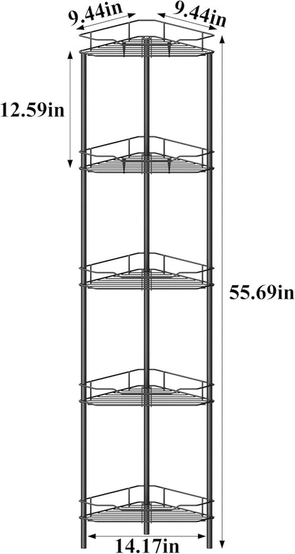 HuggieGems 5 Tier Floor Standing Corner Shower Caddy Organizer Shelf with Hooks, Bathroom Shelves Stand Rack, Black