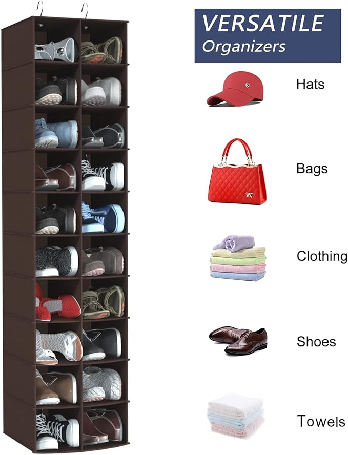 Libeder Hanging Shoe Organizer for Closet, Hanging Closet Organizers 20 Section Shoe Shelves, Space Saving Shoe Holder & Storage, Coffee, 12''W×12''Dx 50''H