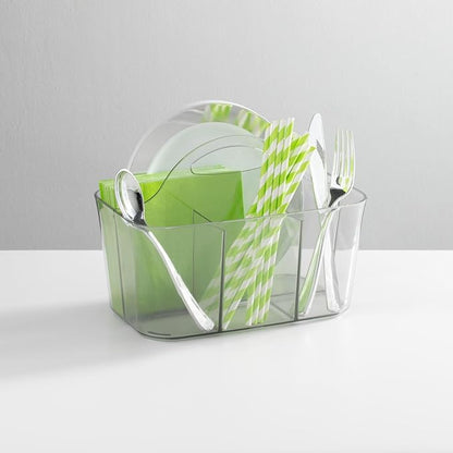 mDesign Plastic Cutlery Storage Organizer Caddy Bin Tote with Handle - Kitchen Cabinet Divided Pantry Basket for Forks, Knives, Spoons, Napkins, Indoor/Outdoor Use, Lumiere Collection, Clear | Caddy Bin