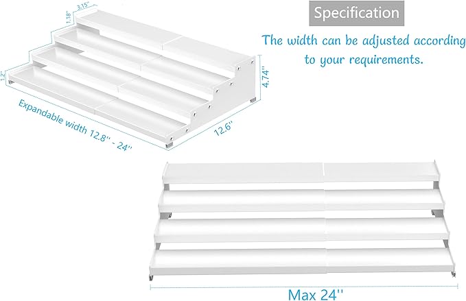 Jojocross Expandable 4-Tier Step Spice Rack Organizer for Kitchen Cabinet Modern Design and Non Skid Space Saving Storage Shelf for Countertop Cabinets Pantry(2Packs/White)