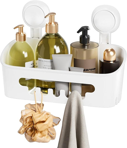 LEVERLOC Shower Caddy Suction Cup, Shower Organizer Removable Bathroom Shelf, Storage Suction Powerful Max Hold 22lbs Bathroom Caddy Waterproof Holder, White