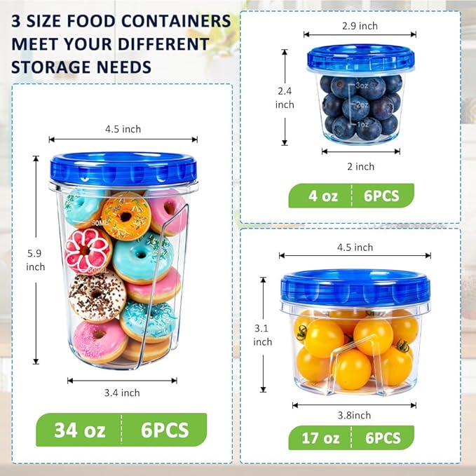 18 Pack Reusable Freezer Storage Containers with Twist Top Lids Airtight(34oz/17oz/4oz), Plastic Food Storage Containers with Lids for Meal Prep Soup Snack Fruit, Soup Container Freezer Microwave Safe