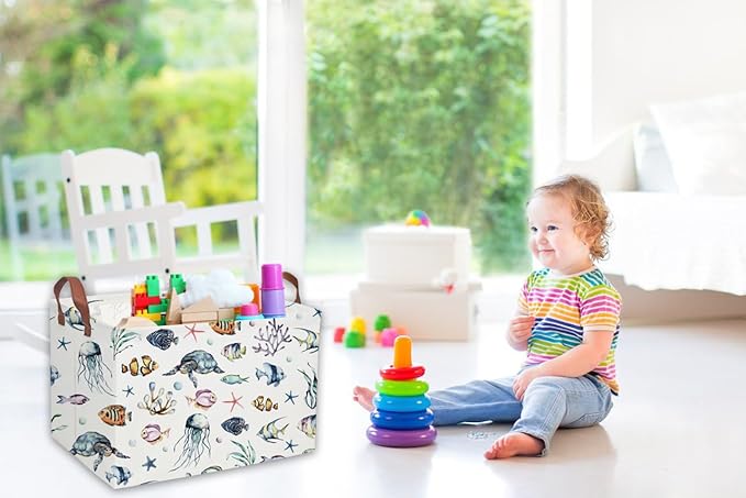 Sanjiaofeng Rectangular Kids Basket Ocean Storage Bins,Boys and Girls Storage Basket with Handles.Clothers,Toys,Books,Kid's Gifts Bins. (Ocean)