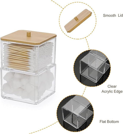 Hipiwe Clear Q-tip Dispenser Holder Acrylic Bathroom Containers 2-Tier Square Apothecary Jar with Lid Canister Cotton Swab and Ball Holder Vanity Storage Organizer for Cotton Round and Pads, Floss