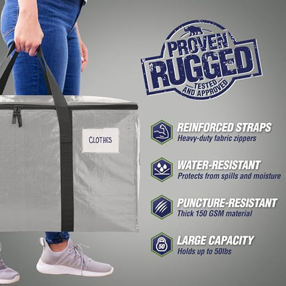 RUGGED RHINO 4 Pack Heavy Duty Extra Large Moving Bags, Durable Bag with Strong Handles and Zipper, Moving Boxes Alternative for College Packing, Holiday Décor, Space Saving Storage with Label, Silver