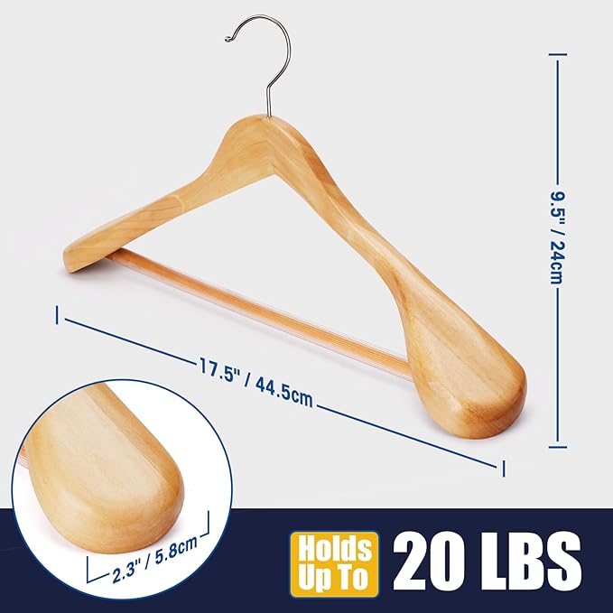 Wooden Suit Hangers 10 Pack - Heavy Duty Wide Shoulder Hangers With Non Slip Pants Holder for Men, Women, Coats, Jackets (Natural)