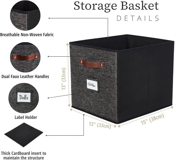 DECOMOMO Storage Baskets, 13x15x13 Storage Cube Bins with Labels for Organizing Shelves Kallax (Kallax / 4pcs, Black Pattern)