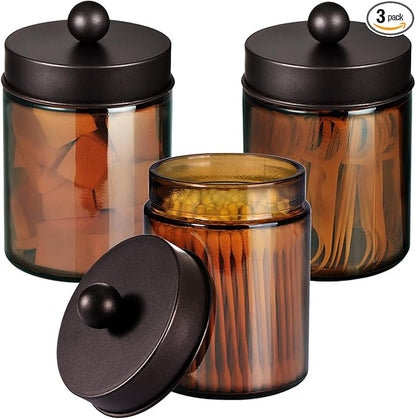Amber Glass Qtip Holder, Apothecary Jars with brown Metal Lid & Stickers-Bathroom Qtip Dispenser Storage Organizer Set,Vanity Counter Canister for Cotton Swabs,Round Pads,Floss (3 Pack,bronze)