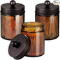 Amber Glass Qtip Holder, Apothecary Jars with brown Metal Lid & Stickers-Bathroom Qtip Dispenser Storage Organizer Set,Vanity Counter Canister for Cotton Swabs,Round Pads,Floss (3 Pack,bronze)