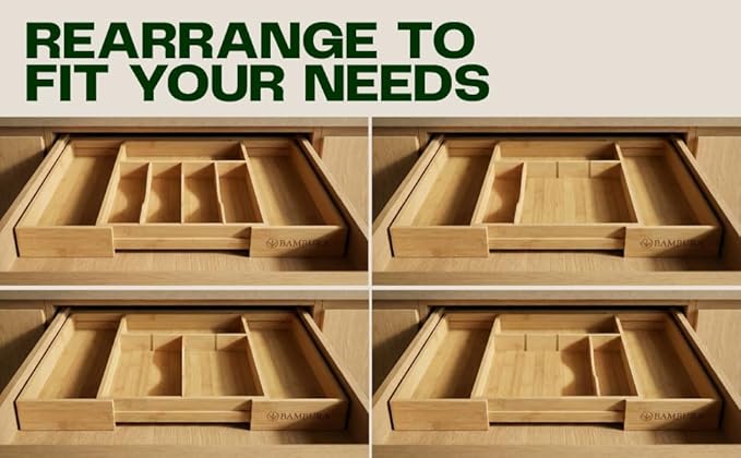 Premium Bamboo Utensil Drawer Organizer Expandable – Modular Silverware Organizer Adjustable Design w/Deep Compartments, Kitchen, & Office Drawer Dividers for Utensils, Cutlery, Makeup, Desk