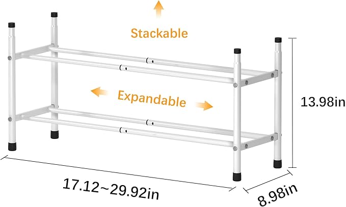 TZAMLI 2-Tier Shoe Rack for Closet, Expandable and Stackable Shoe Organizer Adjustable Metal Shoe Storage Small Shoe Shelf for Entryway Entrance, White