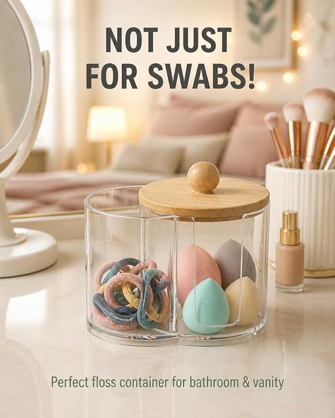 2-in-1 Cotton Round Holder & Cotton Swab Holder with Bamboo Lid - Clear Plastic Cotton Pad Dispenser, Shatterproof Dual Compartment Bathroom Container for Cotton Balls & Vanity Storage
