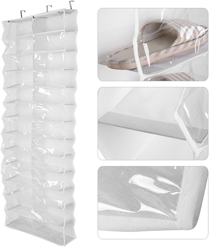 Tyenaza 26 Pocket Shoe Organizer, Crystal Clear over the Door Hanging Closets Storage Bag for Shoes, Sneakers or Accessories(white)