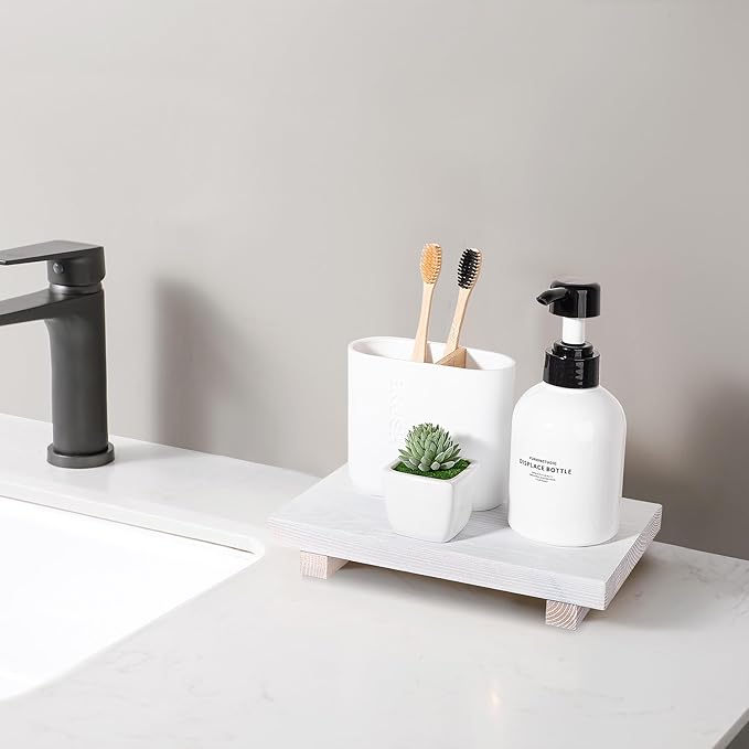 Bathroom Counter Organizer Wood Pedestal Stand Farmhouse Decorative Tray Soap Holder for Kitchen Decor, 9" x 6" - White