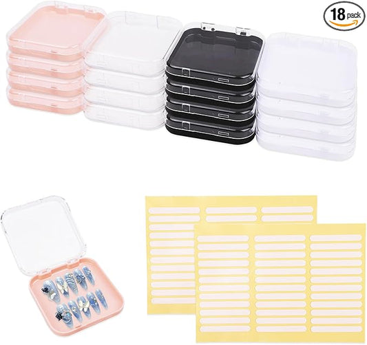 LOGJAM 16 Press On Nail Packaging Boxes, 3 Inch Acrylic Fake Nail Storage Display Case Containers with 72 Adhesive Nail Tapes for Nail Salon Supplies Nail Art