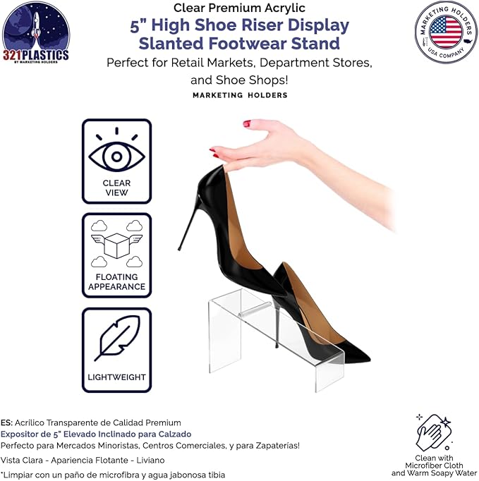 6 Pack Acrylic Shoe Display Stand Clear Premium Lucite 4 Inch Wide x 5 Inch High Slanted Footwear Showcase Riser with Heel Stop for Retail Shops and Clothing Stores by Marketing Holders