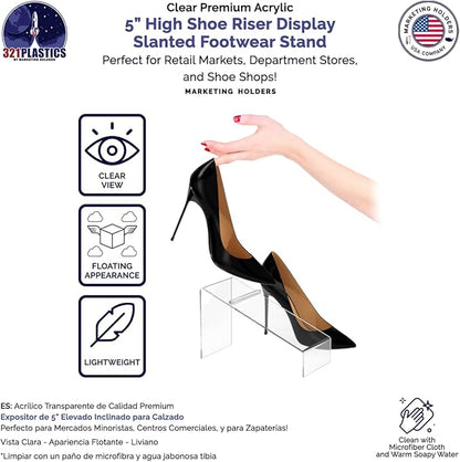 6 Pack Acrylic Shoe Display Stand Clear Premium Lucite 4 Inch Wide x 5 Inch High Slanted Footwear Showcase Riser with Heel Stop for Retail Shops and Clothing Stores by Marketing Holders
