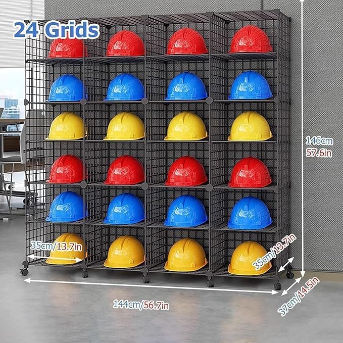 Stackable Safety Helmet Storage Boxes, Large Adjustable Hard Hat Placement Organizer Rack with Wheels for Construction Site/Garage/Workshop/Factory Helmet Display Shelf (4 * 6)