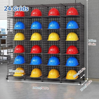 Stackable Safety Helmet Storage Boxes, Large Adjustable Hard Hat Placement Organizer Rack with Wheels for Construction Site/Garage/Workshop/Factory Helmet Display Shelf (4 * 6)