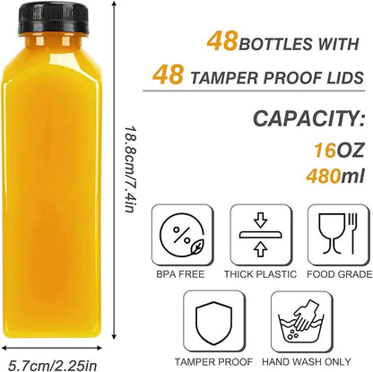 TOMNK 48pcs Juice Bottles, 16oz Reusable Plastic Juice Bottles with Caps and Labels, Funnel, Brush Beverage Containers for Juicing, Smoothies, Tea, Milk