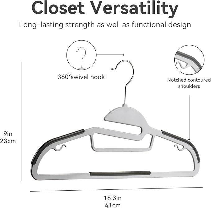 Plastic Hangers Pack of 50, Heavy-Duty Non-Slip Clothes Hangers Space Saving with 360° Swivel Hook Grey/Silver