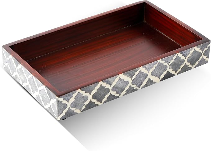 Handicrafts Home 10"x6" Vanity Tray for Bathroom Countertop, Moroccan Bone Inlay Decorative Organizer Tray for Perfume, Jewelry, Cosmetics & Dresser Decor, Rectangular Catchall Tray, Grey White