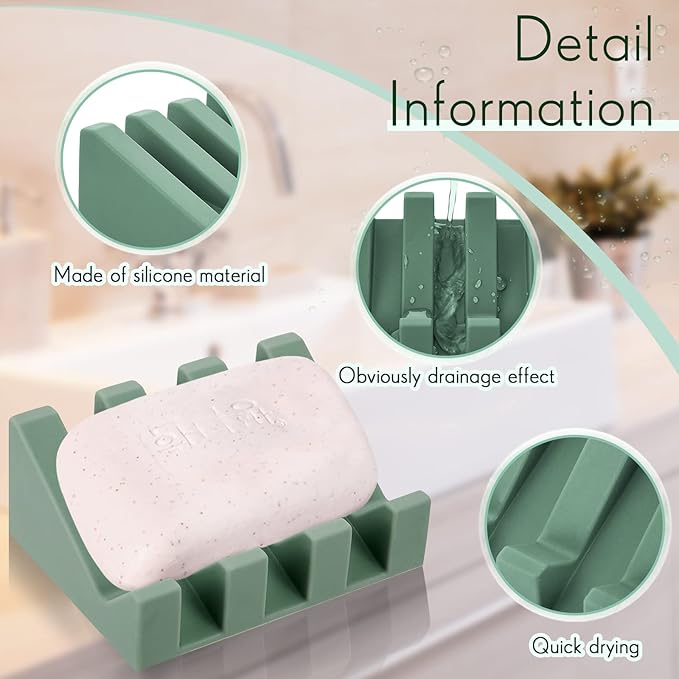 Cunhill 2 Pieces Silicone Soap Dish Self Draining Soap Dish Shower Waterfall Bar Soap Holder Tray with Drain Soap Saver for Kitchen Bathroom Accessories (Light Green)