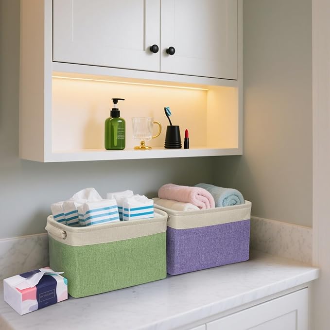 BALEINE 2 Pack Fabric Closet Storage Bins for Shelves, Linen Closet Organizers and Storage, Decorative Baskets for Organizing, Shelf, Clothes, Home, Office (Pink, 12"x8"x8")