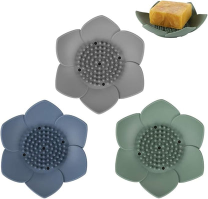 H&R 3 Pack Silicone Soap Holder, Bathroom Soap Tray with Drain, Lotus Shaped - Blue, Green, Grey