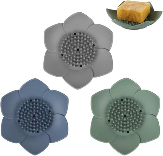 H&R 3 Pack Silicone Soap Holder, Bathroom Soap Tray with Drain, Lotus Shaped - Blue, Green, Grey
