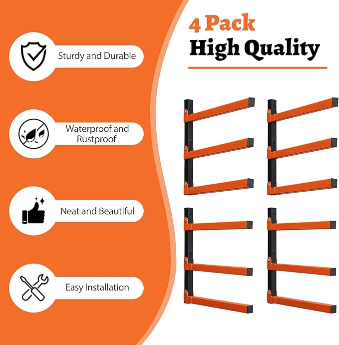 HOME RIGHT 4 Pack Lumber Rack,Wood Organizer and Lumber Storage Rack Wall Mount with 3-Level,Orange Heavy Duty Metal Wood Storage Racks for Indoor and Outdoor