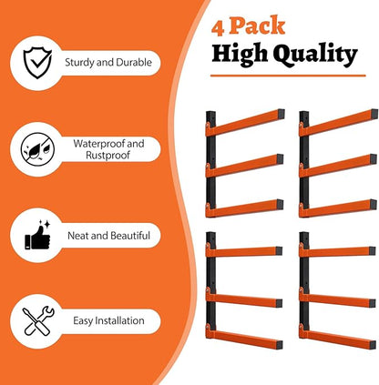 HOME RIGHT 4 Pack Lumber Rack,Wood Organizer and Lumber Storage Rack Wall Mount with 3-Level,Orange Heavy Duty Metal Wood Storage Racks for Indoor and Outdoor