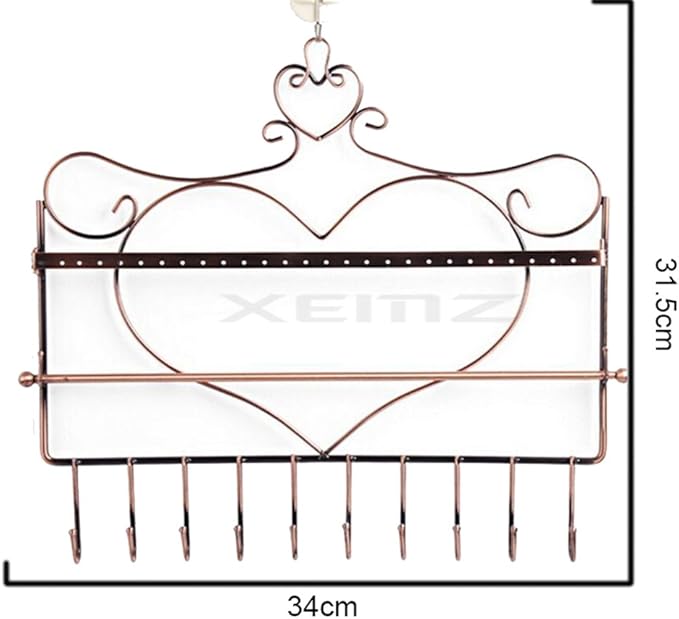 Wall Hanging Jewelry Organizer Holder, 28 Hooks Wall Mounted Storage Shelf, Heart Shape Earrings Necklace Display, Bracelet Key Chain Bangle Metal Hanger Rack – Gift for Ladies Women (Brown)