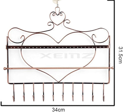 Wall Hanging Jewelry Organizer Holder, 28 Hooks Wall Mounted Storage Shelf, Heart Shape Earrings Necklace Display, Bracelet Key Chain Bangle Metal Hanger Rack – Gift for Ladies Women (Brown)
